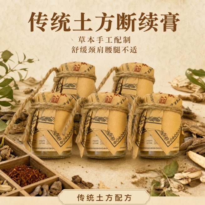 基于提供的传统土方断续膏1瓶装图片,生成5瓶装SKU图片。保持相同的包装风格、背景元素(草本药材、木质盒子等)和整体古朴风格,只是将产品数量改为5瓶,五瓶呈扇形或两排排列(如前排3瓶后排2瓶),位置自预览效果