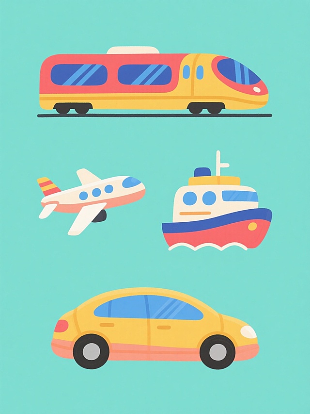 一套四个不同现代交通工具的卡通插画系列，保持统一的手绘风格，每个交通工具采用完全不同的主体色彩，元素类目为交通工具，包括高速列车、飞机、轮船和汽车，所有元素在纯色背景上规整排布，每个交通工具都具有圆润的轮廓、鲜明的色彩过渡、简洁的线条和友好的卡通风格，整体呈现出欢快明亮的氛围，元素之间保持一致的大小比例和视觉重量，形成协调统一的系列感。