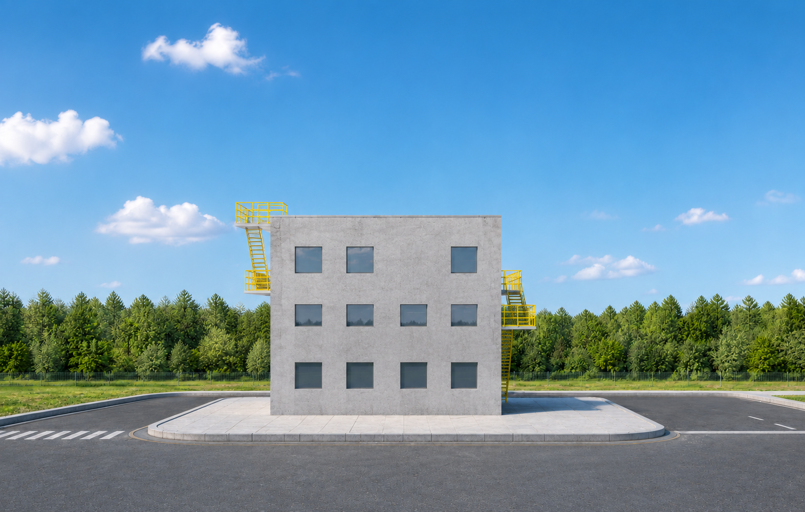 参考之前工业厂区的晴朗白天环境光线，重绘本图建筑：建筑模型结构… - 图片创意预览