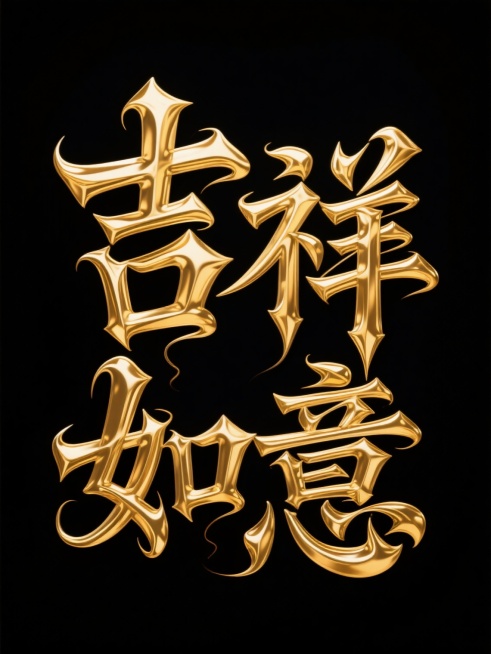 哥特风格艺术字体“吉祥如意”，笔画硬朗大气磅礴，金色流体效果，笔画巧妙延长变形，黑色背景，金色流金字体，高端大气上档次预览效果