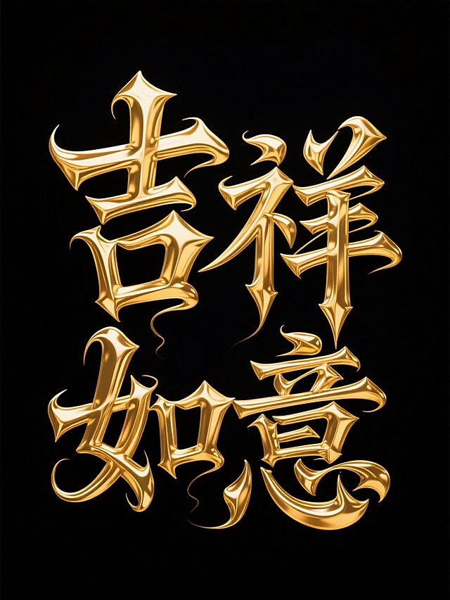 哥特风格艺术字体“吉祥如意”，笔画硬朗大气磅礴，金色流体效果，笔画巧妙延长变形，黑色背景，金色流金字体，高端大气上档次