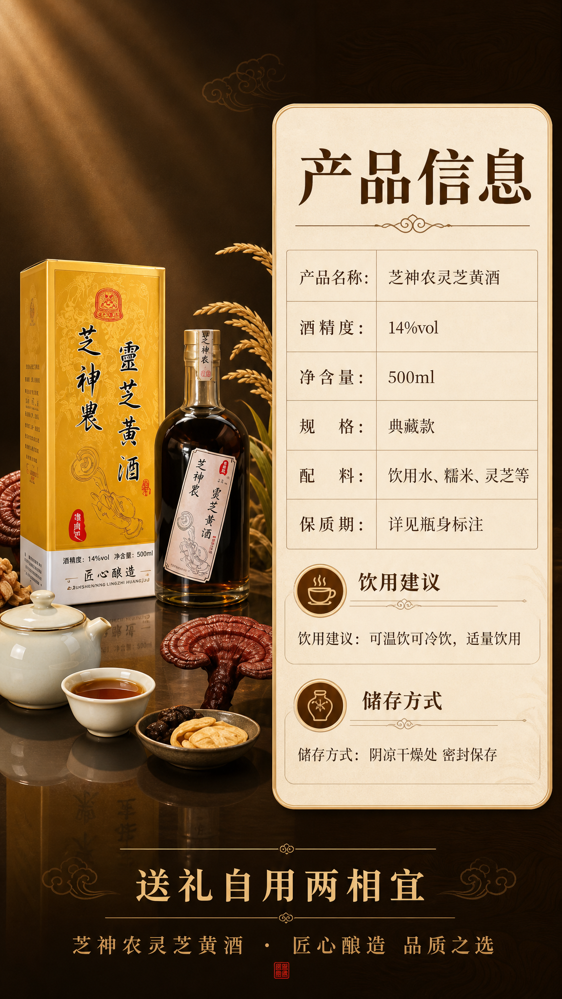 [商品] 使用【图3】芝神农灵芝黄酒礼盒装图；保留黄色外盒、透… - 图片创意预览