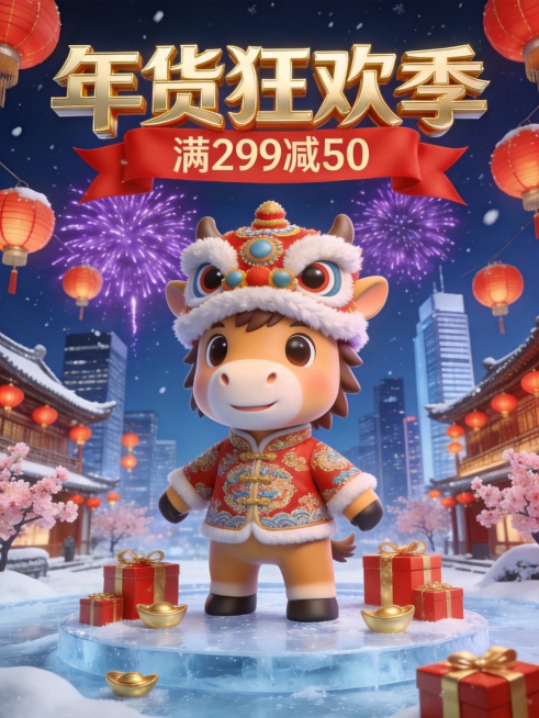 马年年货节大促海报，超喜庆氛围，3D 萌趣小马身穿刺绣唐装、头戴醒狮帽，立于冰面舞台上，周围散落红金礼盒与金元宝。背景是挂满红灯笼的古街与现代高楼同框，紫色烟花在深蓝夜空炸开，粉色桃花树点缀雪景。主标预览效果