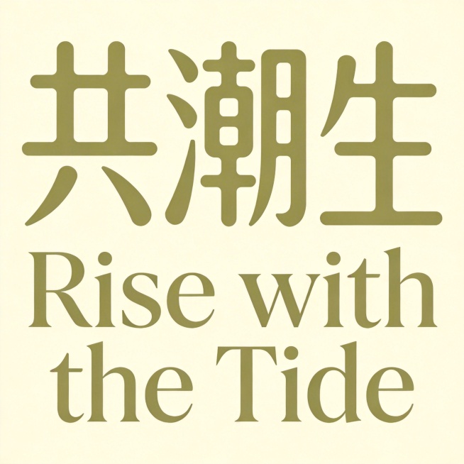 浅米黄色柔和法式浪漫干净背景。平面艺术字体设计，包含汉字"共潮生"和英文"Rise with the Tide"组合。汉字在上英文在下居中排列，采用简约现代无衬线字体，几何切割线条重构，笔画圆润流畅，预览效果