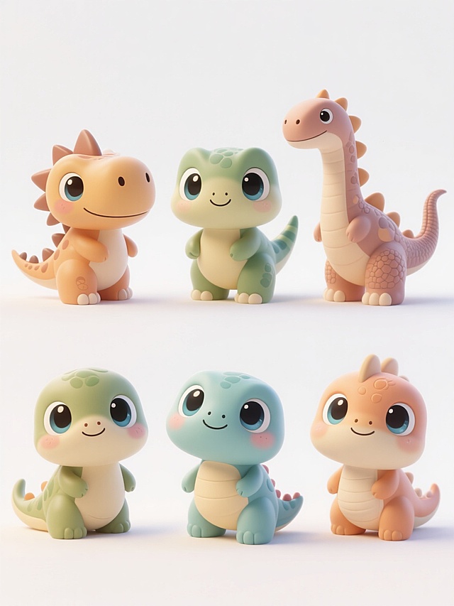 3D渲染的Q版恐龙集合，6个不同品种、外貌和造型的可爱恐龙角色，保持与示例一致的3D卡通风格，圆润饱满的造型，光滑细腻的材质，明亮柔和的色彩过渡，大大的水汪汪眼睛，带有高光和阴影的立体光影效果，温暖治愈的表情，每个恐龙拥有独特的特征（如不同的头部形状、背棘、尾巴、皮肤纹理和颜色），统一采用白色背景，所有恐龙整齐排列成一行或两行，保持相同的Q版比例和可爱氛围，高清细节，柔和阴影，整体视觉协调统一。