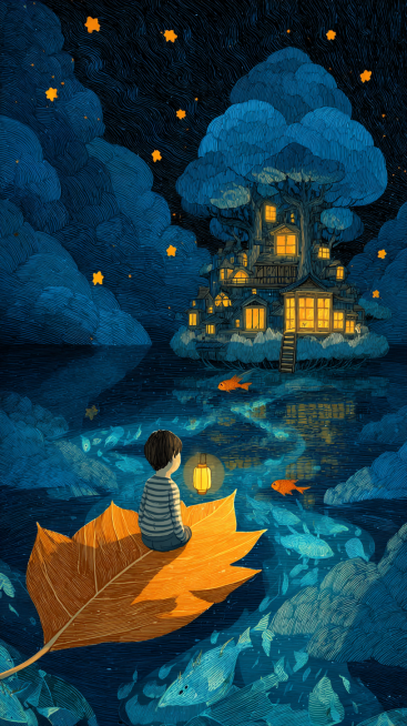 A heartwarming bedtime adventure illustration, Studio Ghibli style. A little explorer in cozy stripe预览效果