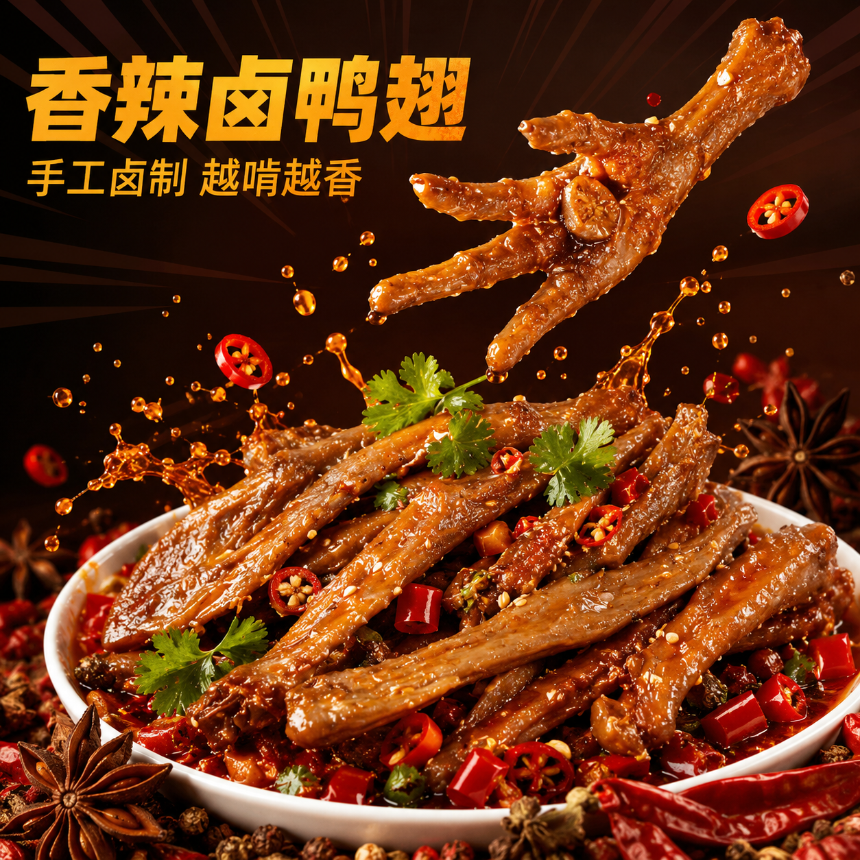 [主图-1] 香辣卤鸭翅爆款首图，复刻参考图风格，优化构图和光… - 图片创意预览