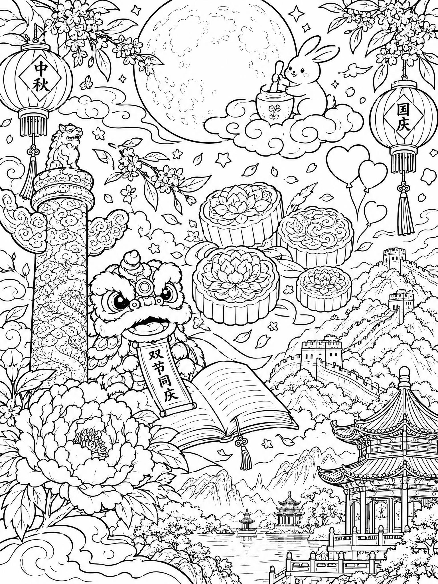 黑白线描手绘风格的双节同庆涂色插画，分镜式构图布局。画面元素丰… - 图片创意预览
