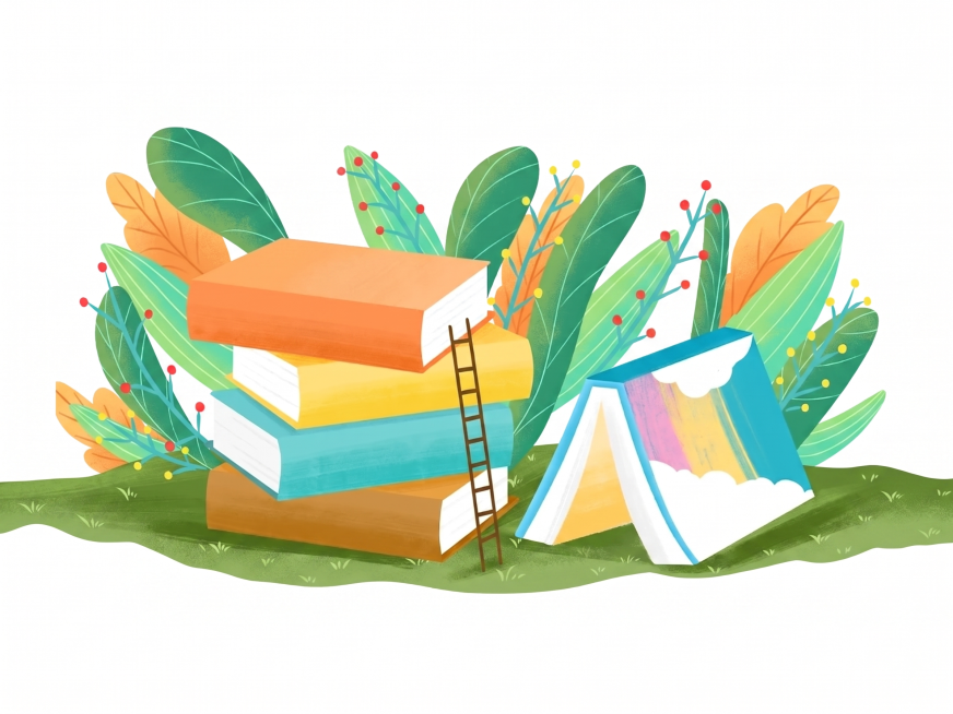 去掉图片中的所有人物，保留书本、梯子、植物草地这些元素和整体插画风格不变，保持画面自然预览效果