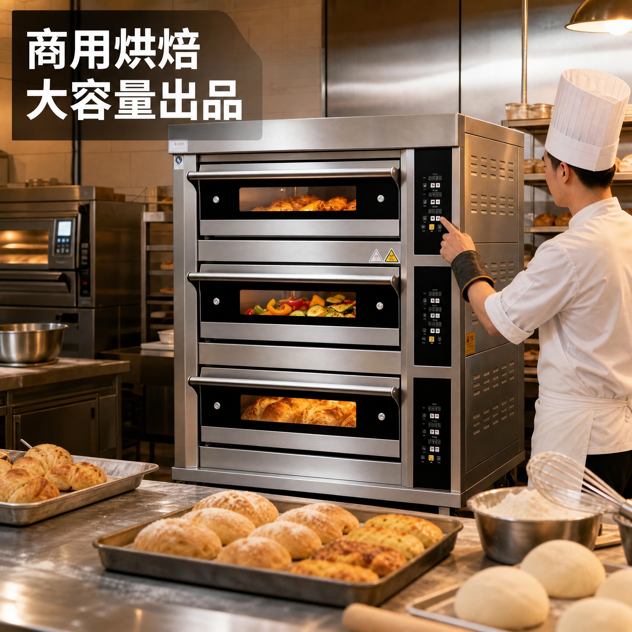[主图-4] 真实商用厨房场景使用图，展示烤箱在面包店/烘焙厨… - 图片创意预览