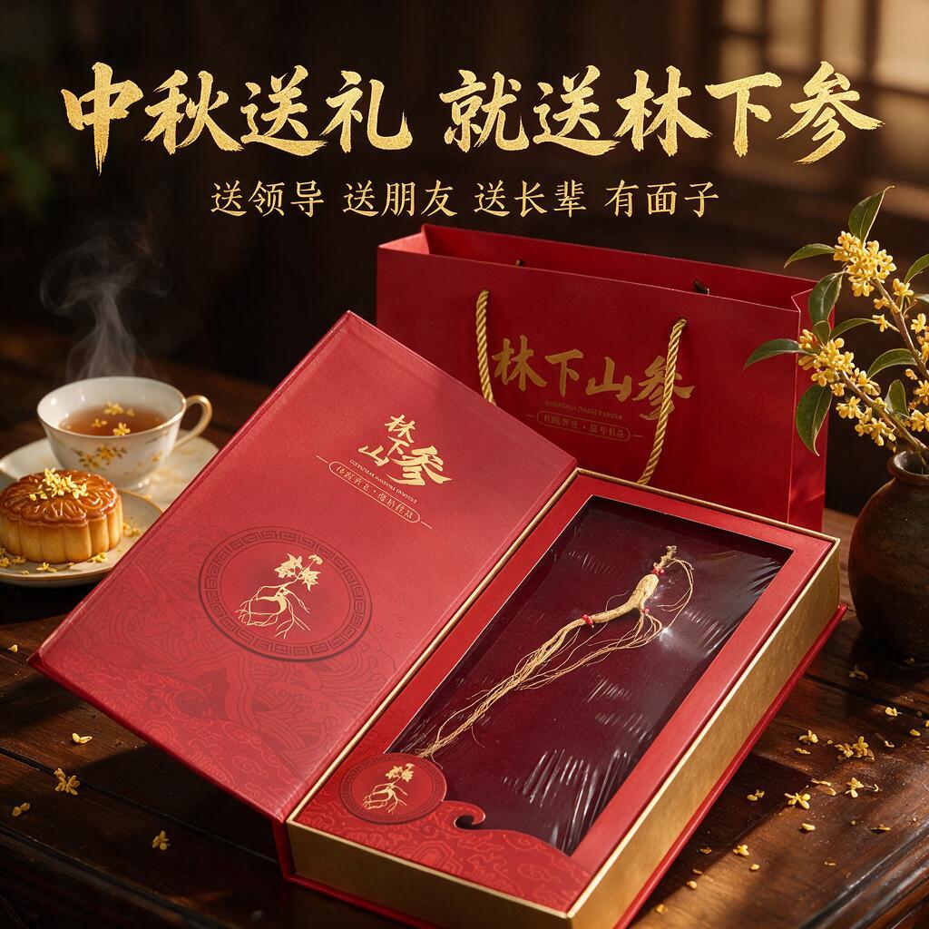拼多多电商主图，中秋节送礼主题，红色林下参礼盒配金色手提袋，摆… - 图片创意预览