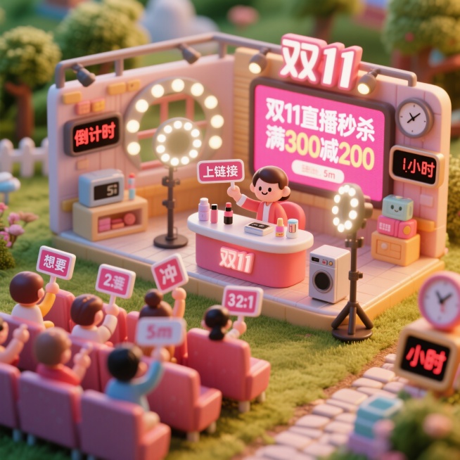 1:60微缩比例的双11直播间场景，迷你主播台摆放微型美妆和家电样品，台后有微型环形补光灯和显示屏，显示屏上显示“双11直播秒杀 满300减200”，5cm高的主播人偶举着“3、2、1 上链接”手牌，预览效果
