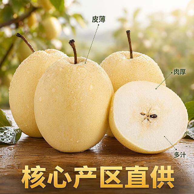 [主图-2] 酥梨核心卖点溯源图
[氛围风格] 自然产地简约清新风格
[画质] 商业摄影质感、光线柔和通透、产品清晰真实、画面干净高级
[元素] 完整带枝酥梨和半块切开酥梨组合摆放，背景虚化融入模糊梨园产地场景，保持酥梨外观颜色纹理和输入产品图绝对一致，杜绝任何变形和色差。用极细引线标注产品特点，引线指向对应部位。商品主体占比约70%，背景简洁不抢主体
[光影] 自然户外暖阳，逆光突出果肉通透感，整体光线均匀柔和，突出产品真实纹理
[配色] 主色酥梨暖黄色，背景淡绿色虚化果园，色彩清新自然
[视角构图] 中心对称构图，平视视角，主体突出
[文字版式] 引线末端标注对应卖点文字：“皮薄”“肉厚”“多汁”，深绿色小字清晰，底部大数字“核心产区直供”深黄色加粗，字体醒目，不遮挡主体
[输出要求] 1:1比例，文字清晰可辨，超高清商业摄影质感
[负向提示词] 变形，文字错乱，产品图模糊，背景杂乱，水印，电商平台Logo