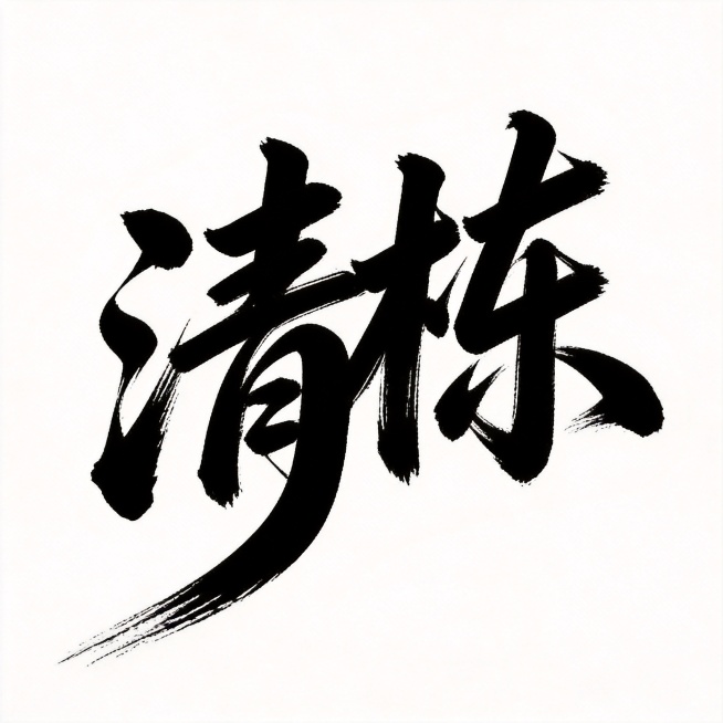 平面书法艺术字体设计，两个字"清栋"，书法手写字体，粗毛笔蘸浓墨用力挥毫书写，飞白枯笔技法，笔画粗细对比极端，大弧度曲线搭配硬直线，字形倾斜向右充满动感，两字紧密咬合融为一个整体，气势狂野张力十足，黑预览效果