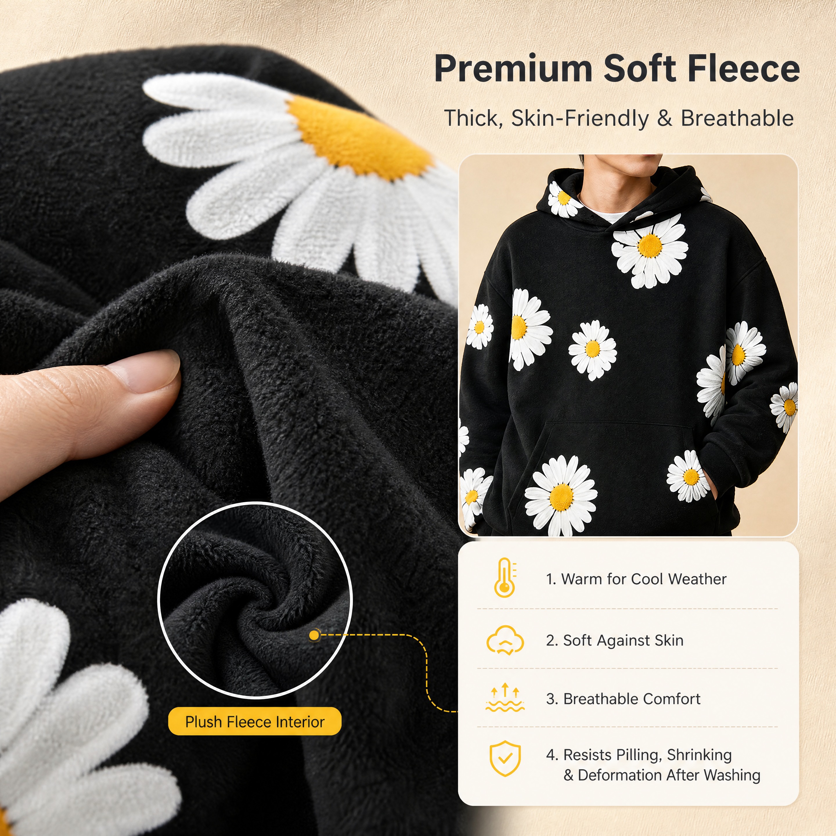 [商品] 使用【图1】黑色雏菊印花抓绒连帽卫衣；商品处理：保留… - 图片创意预览
