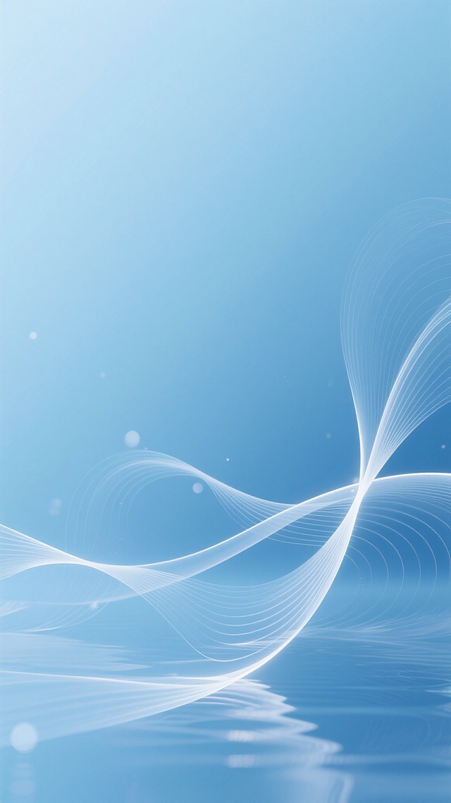 一张具有现代简约设计感的背景图，整体采用柔和的渐变蓝色调，从浅天蓝色到稍深的蓝青色过渡自然，营造出清新、宁静且略带科技感的氛围。画面中融入了流畅飘逸的白色曲线和纤细的线条元素，这些线条以不规则的螺旋状和波浪状分布，部分线条带有微妙的透明感和高光效果，仿佛光线在水面或丝绸上流动。光线处理上，整体明亮柔和，没有明显的阴影，呈现出均匀的漫反射效果，局部区域有朦胧的光斑点缀，增强了画面的层次感和梦幻感。构图上采用非对称设计，主要的曲线元素集中在画面的中下部和右侧，形成自然的视觉引导，背景整体保持高度的简洁性和空旷感，没有任何文字或复杂图案干扰，适合作为海报或宣传物料的背景使用。
