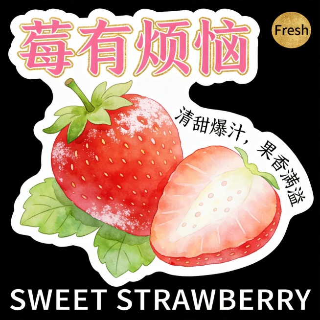 异形卡片，整体为草莓果实+叶片轮廓，白色底色+清晰白色粗描边，纯黑背景。主体是鲜红带白霜的草莓（带绿叶与果蒂），半颗切开露出嫩白果肉与籽点，水彩质感清新治愈。文字全部环绕在水果外围排版：主标题"莓有烦预览效果