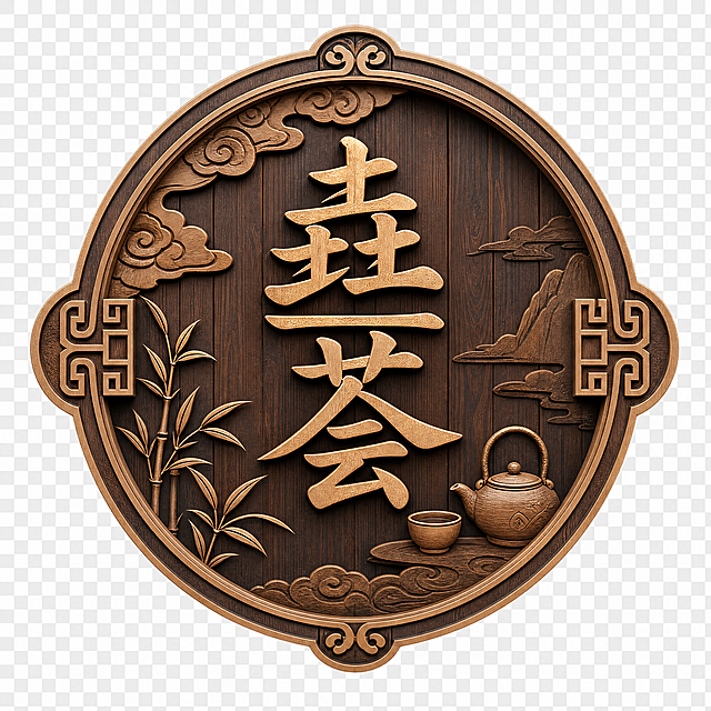 古色古香风格茶室异型LOGO，圆形底，圆形牌牌造型，包含"垚荟"字体设计，适合做牌匾，超高清矢量风格，透明背景PNG，传统中式木纹质感，适合平面设计拆解使用