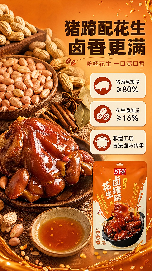 [商品] 使用【图8】包装正面作为辅助素材（置于画面右下，占画面约20%）并使用【图4】中的成品与卤汁作为原料氛围参考。商品处理：保留包装橙色袋身、“乡下香”Logo、“花生卤猪蹄”产品名、猪蹄图案与“净含量245克”原文字与配色，不替换改写；成品保留酱红油亮、胶质饱满、带蹄筋与花生的真实状态。
[画面] 页面目标：用原料与成分占比建立信任。左图右文构图：左侧放大满铺原料——饱满的去皮花生与带壳花生散落、一只酱红卤猪蹄、一小碟琥珀色卤汁以及八角、桂皮、香叶等香辛料，原料元素合计占画面≥50%，单元素花生占比≥30%；右侧上方标题区，下方纵向排列三张圆角米白信息卡；右下角小尺寸包装辅助。连贯机制：本张为连贯长卷第2屏——顶部满版无缝延续上一屏垂下的暖橙琥珀渐变背景与卤汁引导线，底部把同一渐变带与花生碎元素继续向下一屏延伸，页与页之间无白边、无硬切分隔。
[视觉] 套系策略：风格=中式醇厚卤味商业摄影（暖橙琥珀卤香调性，6屏同一套）；标题字=现代粗黑无衬线体；正文字=中等字重无衬线体；主色=暖橙棕；背景延展=浅米橙→琥珀橙→深卤棕的连续渐变，延展卤汁光泽、花生颗粒、麻布与粗陶材质；强调色=酱红与蟏金，仅用于小面积图标、引线、标签与局部光效；标题色=深卤棕（浅底）/奶白（深底）；正文色=暖灰棕；组件=圆角米白信息卡、细金引线、胶囊标签；光影=右上暖柔主光＋左侧柔光板补光，卤汁与胶质高光挂亮。
[文字] 主标题“猪蹄配花生 卤香更满”（深卤棕粗黑字），副标题“粉糯花生 一口满口香”；三张信息卡横排文字：“猪蹄添加量≥80%”“花生添加量≥16%”“非遗工坊 古法卤味传承”；全部横向排版，不遮挡产品与原料主体。
[规格] 9:16竖版，4K；负向提示：避免变形、比例拉伸、包装文字错乱或替换、错字、文字过小、竖排或旋转文字、水印、平台Logo、二维码、条形码、绝对化用语、冷蓝或冷灰成为背景与光效主色。