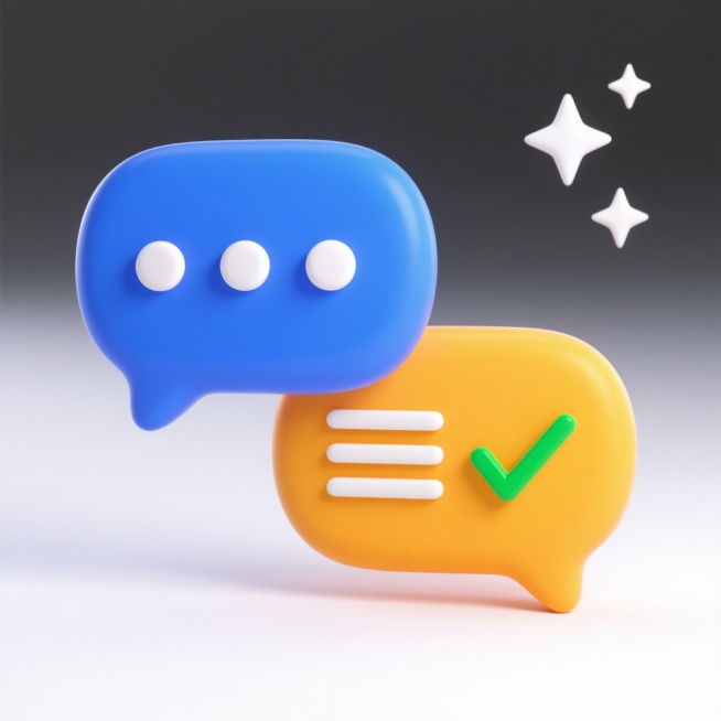 3D风格图标设计，白色背景，两个立体对话气泡叠加，左侧为蓝色气泡，内部有三个水平排列的白色圆点，右侧为橙黄色气泡，内部有三条水平白色线条和一个绿色对勾图标，右上角有三颗白色星形装饰，整体色彩明快，光影柔和，边缘圆润，具有简洁现代的UI设计感。预览效果