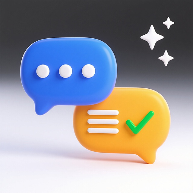 3D风格图标设计，白色背景，两个立体对话气泡叠加，左侧为蓝色气泡，内部有三个水平排列的白色圆点，右侧为橙黄色气泡，内部有三条水平白色线条和一个绿色对勾图标，右上角有三颗白色星形装饰，整体色彩明快，光影柔和，边缘圆润，具有简洁现代的UI设计感。