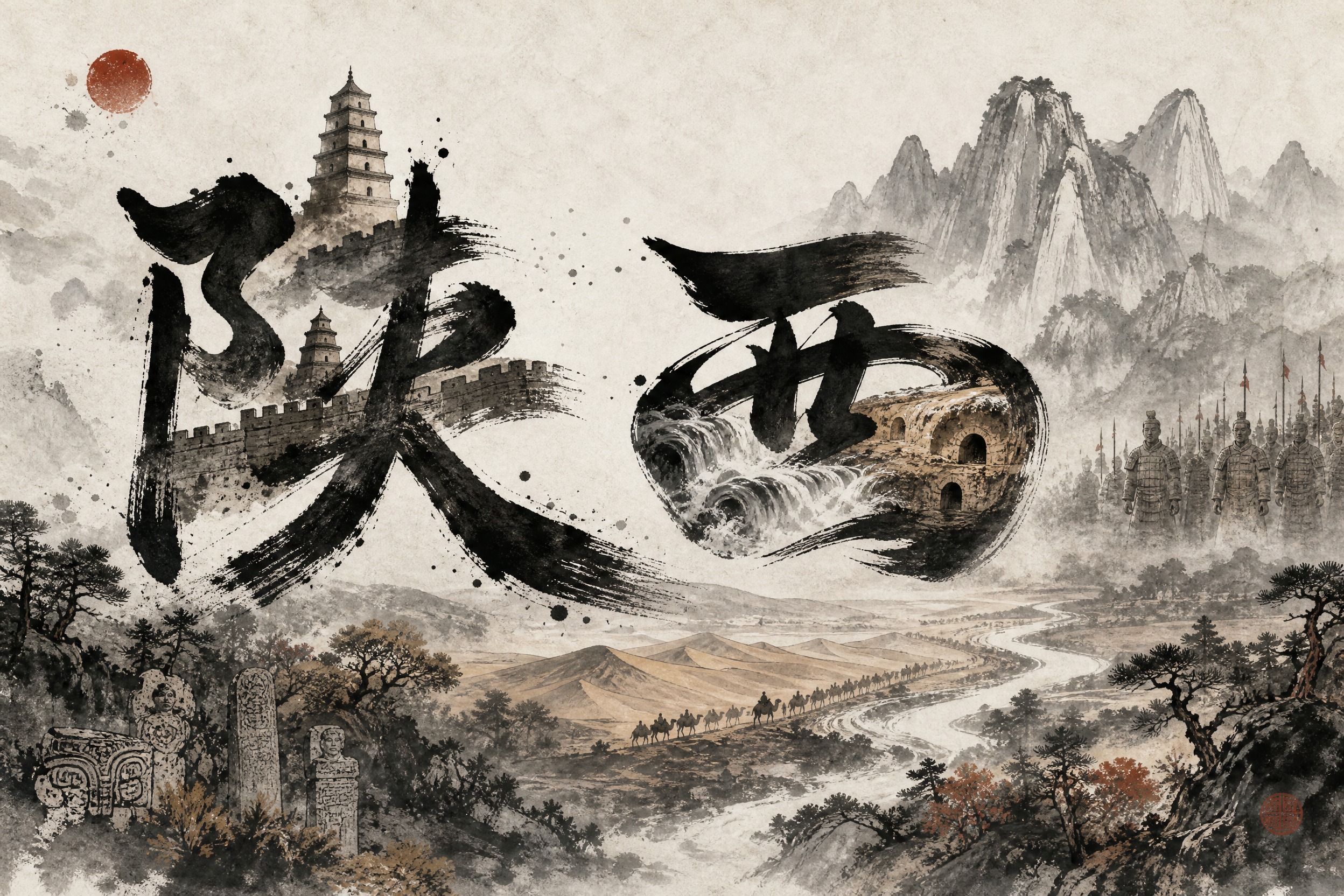 陕西省水墨风海报，横版宽幅3:2构图，宣纸纹理背景，东方美学，… - 图片创意预览