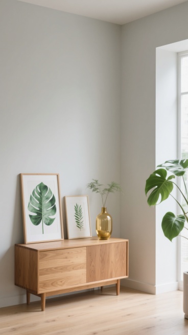 极简主义风格室内场景，浅灰色墙面搭配浅色木地板，角落里放置一个木质纹理的矮柜，柜子上摆放着两幅植物装饰画（一幅是宽大的绿色叶子，另一幅是细长的绿色植物）和一个金色磨砂质感的花瓶，右侧有一株鲜活的绿色植物伸展着叶片，柔和的自然光从侧面洒入，营造出宁静、舒适、温馨的居家氛围，整体色调温暖和谐，光影柔和自然，构图简洁有序，充满简约而不失生机的生活气息。预览效果