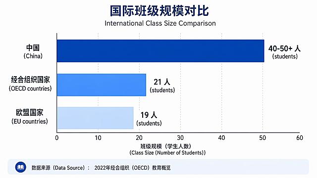 A clean data visualization horizontal bar chart, 16:9 ratio, high quality, all text labels are clear and readable. It shows international class size comparison: China has 40-50+ students with a dark blue long bar, OECD countries have 21 students with a medium blue medium bar, EU countries have 19 students with a light blue short bar. At the bottom add a data source label with text "2022年经合组织（OECD）教育概览". Simple clean professional data visualization style.