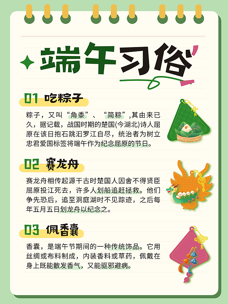 端午节节日习俗科普知识分享卡通风小红书配图