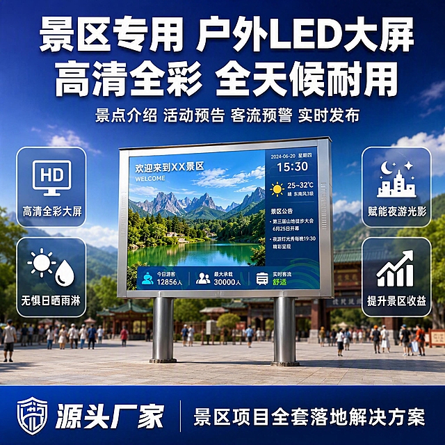 [单张主图] 景区专用户外LED显示屏 爆款促销感主图 目标是让用户一眼看清产品品类和核心价值 传递专业靠谱的源头厂家实力 强点击强转化
[画面主体] 主体为1台户外立柱式双柱LED显示屏 正面视角略微偏右15度 产品占画面55%-65% 位于画面中下部居中 保持与输入产品图一致的外观结构 银色金属外框 双圆柱形金属立柱支撑 屏幕为高清全彩大屏 屏幕上显示景区风光画面和游客信息发布界面 体现高清显示效果 产品底部有真实地面接触阴影 不悬浮 不穿模
[构图版式] 采用顶部大标题型爆款版式 顶部28%区域放主标题和核心利益点 中部55%放产品主体搭配景区场景虚化背景 底部17%放通栏信息条承接服务权益
[场景元素] 背景为虚化的5A级景区入口广场场景 远山 绿树 游客剪影 蓝天白云 营造户外景区使用氛围 产品前方地面为干净的浅灰色广场地砖 画面左右两侧各有2个半透明圆角卖点卡片 左侧2个 右侧2个 卡片内有对应图标和短文案 底部通栏为深蓝色渐变信息条 左上角放源头厂家标识
[文案版式] 顶部主标题超大粗黑体白色字 分两行 第一行「景区专用 户外LED大屏」 第二行「高清全彩 全天候耐用」 主标题下方一行稍小白色副标题「景点介绍 活动预告 客流预警 实时发布」 左侧卖点卡片从上到下 第一个卡片图标为高清屏幕图案 文案「高清全彩大屏」 第二个卡片图标为太阳雨滴图案 文案「无惧日晒雨淋」 右侧卖点卡片从上到下 第一个卡片图标为夜景灯光图案 文案「赋能夜游光影」 第二个卡片图标为上升箭头图案 文案「提升景区收益」 底部通栏左侧白色粗体字「源头厂家」 右侧白色字「景区项目全套落地解决方案」 所有文字横排 清晰可读 不遮挡产品主体关键结构
[光影质感] 商业摄影质感 主光从左上方45度照射 产品屏幕有自然高光反射 金属外框和立柱呈现真实金属质感 明暗过渡自然 底部有柔和接触阴影 背景景区场景做浅景深虚化处理 突出产品主体
[配色字体] 主色调为深蓝色科技感配色 辅助色为白色和亮蓝色强调色 背景为蓝紫色渐变天空+虚化景区场景 字体全部使用粗黑体无衬线字体 主标题字号最大 副标题次之 卖点卡片文字再次之 底部通栏文字清晰 层级分明
[比例] 1:1比例 文字清晰可辨 产品细节锐利
[负向提示词] 产品变形 结构错误 屏幕内容错字 文字模糊 水印 平台Logo 二维码 联系方式 悬浮 穿模 背景杂乱 人物面部扭曲 多余手指 低清晰度 塑料感廉价 画面昏暗