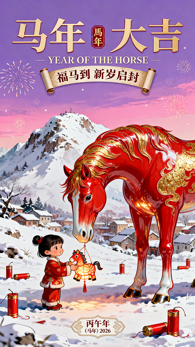 一匹巨大的红色神马（占据画面右侧大半部分，马身散发着神圣的金色光辉，马头低下、鬃毛飘逸）眼神温和地注视着左下角可爱的小女孩（春节喜庆的着装，双手虔诚地捧着一个小马造型的花灯递给马）。背景为积雪覆盖的冬日山顶和小镇，地面散落着若干红色的鞭炮筒，远处是梦幻的粉紫色渐变天空、烟花，动态感，互动感，极致的大小对比。顶部文案组合设计（极具设计感的艺术字大标题“马年 大吉”中间穿插英文“YEAR OF THE HORSE”，旁边装饰印章“馬年”，下面卷轴文本框的正文“福马到 新岁启封”），底部有设计感的小巧的装饰文案“丙午年（马年）2026"，潮流个性的排版