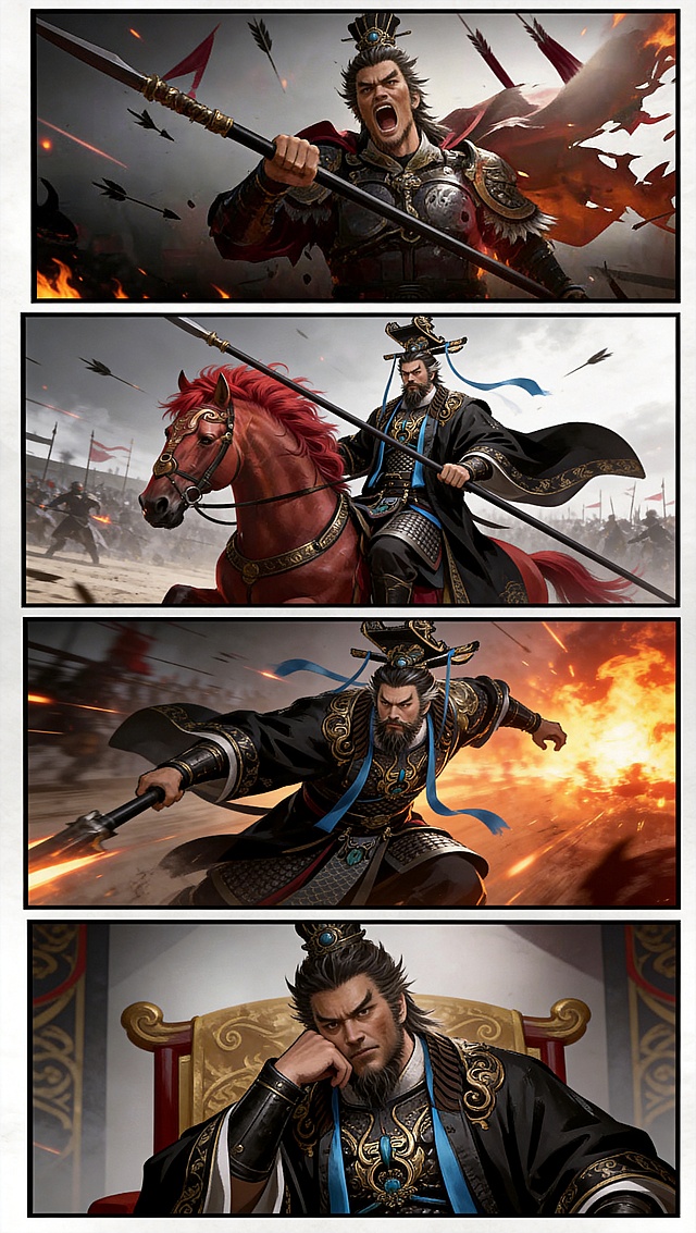 将图1的古风武将人物替换图2分镜里的人物，保持分镜的不同动作姿势，生成新的分镜图