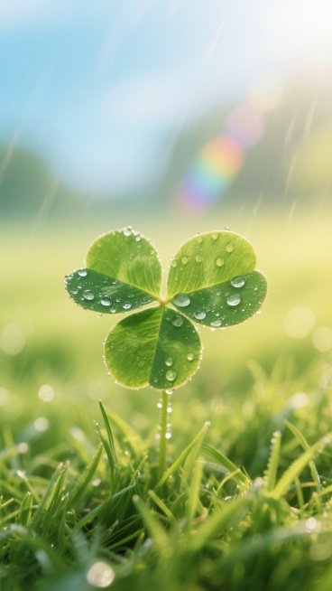 清晨阳光下的嫩绿草地特写，新生的三叶草叶片上滚动着晶莹的露珠，水珠折射出彩虹般的光晕，柔和的散射光从画面上方洒下，形成朦胧的淡蓝色天空与黄绿色草地的渐变背景，叶片边缘呈现细腻的高光，整体色调清新明快，预览效果