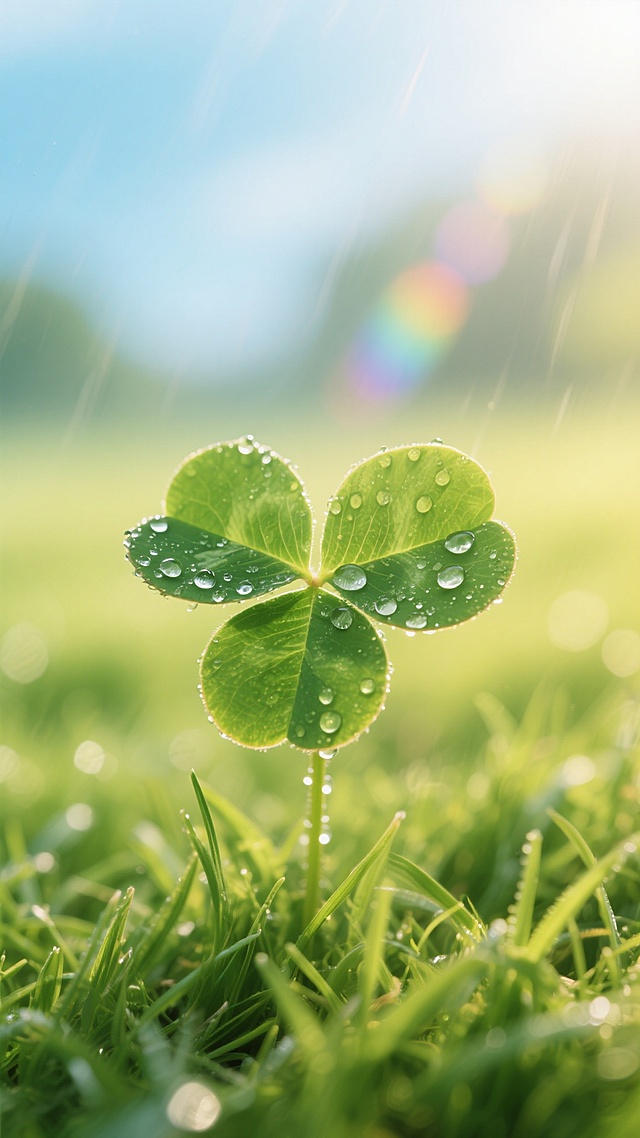 水彩风三叶草，清新实景感，晨露阳光，自然生机。