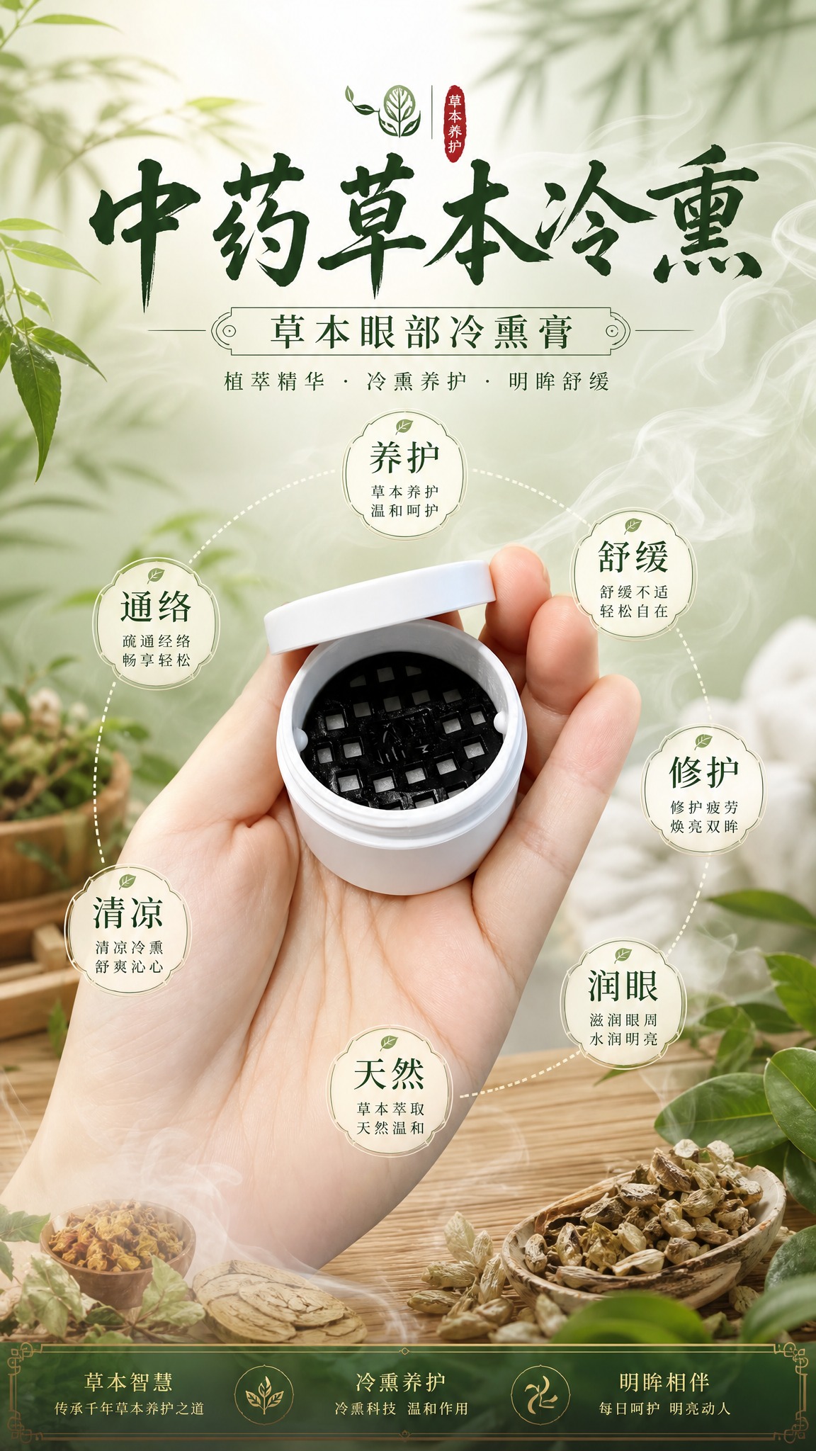 基于参考图中的白色罐装草本眼部冷熏膏产品，生成一张9:16竖版… - 图片创意预览