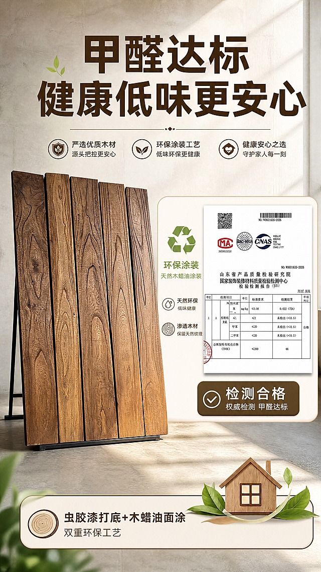 [商品] 使用【图2】甲醛达标检测报告与老榆木板展示图；保留榆木板天然木纹、棕褐色调、立放展示形态，保留检测报告的MA/CNAS标识、表格结构与合格结论，不改变木板材质颜色和报告核心信息；优化报告文字清晰度（不改动内容）。
[画面] 目标：环保性能证明页，强调甲醛达标与健康低味。构图：顶部大标题区，左侧为立放的老榆木板占画面45%，右侧为检测报告+环保涂装说明卡。底部绿叶与小房子图标烘托健康环保主题。背景为浅灰水泥墙面+地面，自然光从右侧照入，营造明亮干净的室内环境。阅读动线：标题→左侧木板→右侧报告与说明。
[视觉] 套系策略：风格=自然质朴复古商业摄影风；标题字=粗黑体厚重有力；正文字=简洁无衬线体；主色=暖棕榆木色；背景延展=基于暖棕与米白做深浅层级、同色渐变和细腻水泥/木纹质感；强调色=深胡桃色，仅用于小面积图标、引线和标签底；标题色=深棕褐色；正文色=中暖灰；组件=圆角浅米色信息卡、细线引线、木质纹理图标；光影=侧上方暖自然光，柔和阴影，突出木纹立体感。
[文字] 顶部主标题"甲醛达标 健康低味更安心"，字号醒目；右侧信息卡内：环保循环图标+"环保涂装"+"天然木蜡油涂装"说明，旁侧展示检测报告缩略图并标注"检测合格"；底部补充"虫胶漆打底+木蜡油面涂 双重环保工艺"；全部文字横排，报告上原有文字保持原貌不修改。
[规格] 图片比例9:16竖版，4K分辨率，负向提示：避免变形、错字、文字过小、冷蓝/蓝灰背景、木板颜色改变、材质失真、竖排文字、绝对化用语、虚构检测数据。