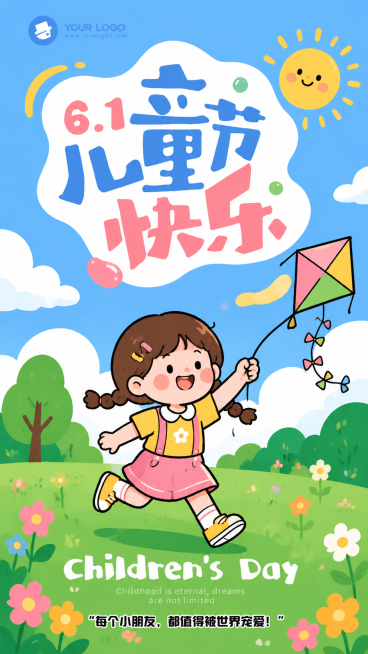 参考参考图片的可爱卡通插画风格，生成儿童节主题卡通小女孩户外玩耍图片，配色明亮活泼，保持可爱童趣氛围，无需小狗和吹泡泡预览效果