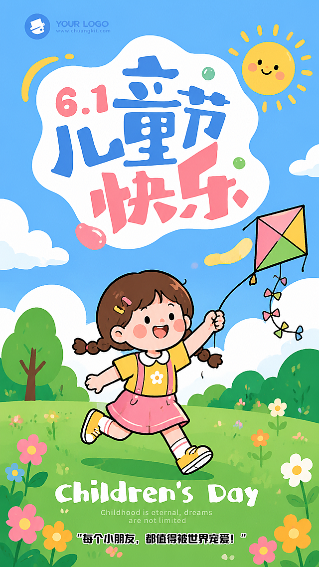 参考参考图片的可爱卡通插画风格，生成儿童节主题卡通小女孩户外玩耍图片，配色明亮活泼，保持可爱童趣氛围，无需小狗和吹泡泡