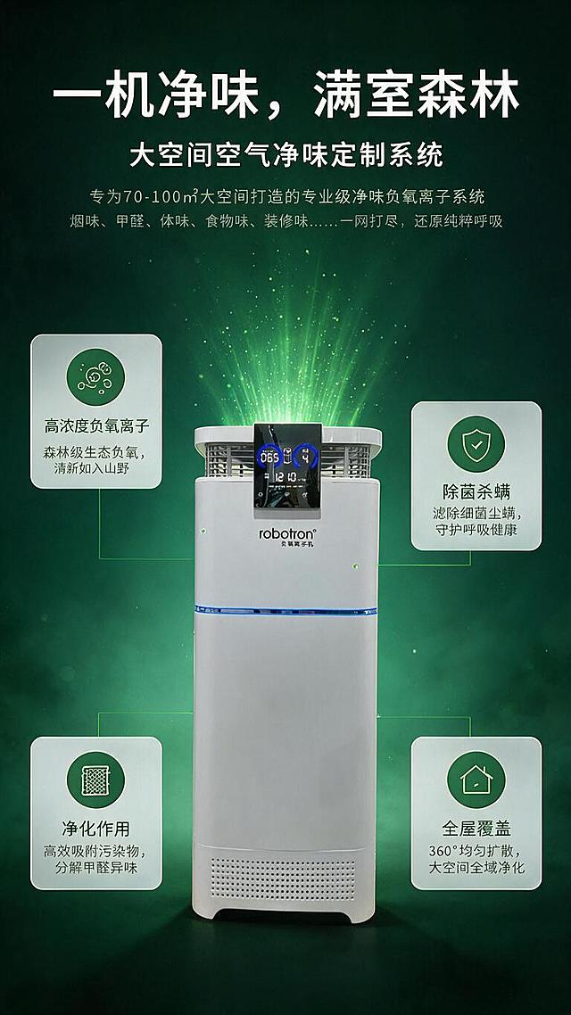 [商品] 使用【图1】robotron白色立式负氧离子空气净化器；保留产品整体结构、顶部出风格栅、黑色数显面板、中部蓝色灯带、底部进风格栅、正面robotron Logo及"负氧离子机"小字、产品白色机身材质与比例。
[画面] 第3张·核心卖点总览，目标是一页看懂四大核心优势。上中下构图，顶部标题区，中部产品居中展示（占画面约40%），底部2×2四大卖点卡片环绕产品；背景是虚化的森林绿色渐变，有轻微粒子漂浮；产品顶部有绿色负氧离子光效向上扩散；四个卖点卡片分别在产品左上、右上、左下、右下位置，用翠绿细线连接到产品对应部位；阅读动线从顶部标题→中部产品→四周卖点卡片。
[视觉] 套系策略：风格=森林生态科技感商业摄影；标题字=现代无衬线粗黑体；正文字=简洁无衬线中黑体；主色=墨绿/森林深绿；背景延展=深绿径向渐变，中心亮四周暗，森林雾霭质感；强调色=荧光翠绿，用于图标、引线、数据高亮；标题色=白色；正文色=浅灰绿；组件=圆角半透明白色卖点卡片（深绿文字）、翠绿细线引线、圆形图标底；光影=产品正面柔光，顶部绿色轮廓光，整体通透有层次。
[文字] 顶部主标题"一机净味，满室森林"，副标题"大空间空气净味定制系统"；四大卖点卡片：左上"高浓度负氧离子"配负离子图标，右上"除菌杀螨"配盾牌图标，左下"净化作用"配滤网图标，右下"全屋覆盖"配房屋图标；每个卖点卡片有1行补充说明文字；文字全部横向排版，不遮挡产品Logo。
[规格] 图片比例9:16竖版，分辨率1K，淘宝/天猫详情页风格；避免产品变形、错字、文字过小、纯白底icon宫格、连续同构、绝对化极限词。
