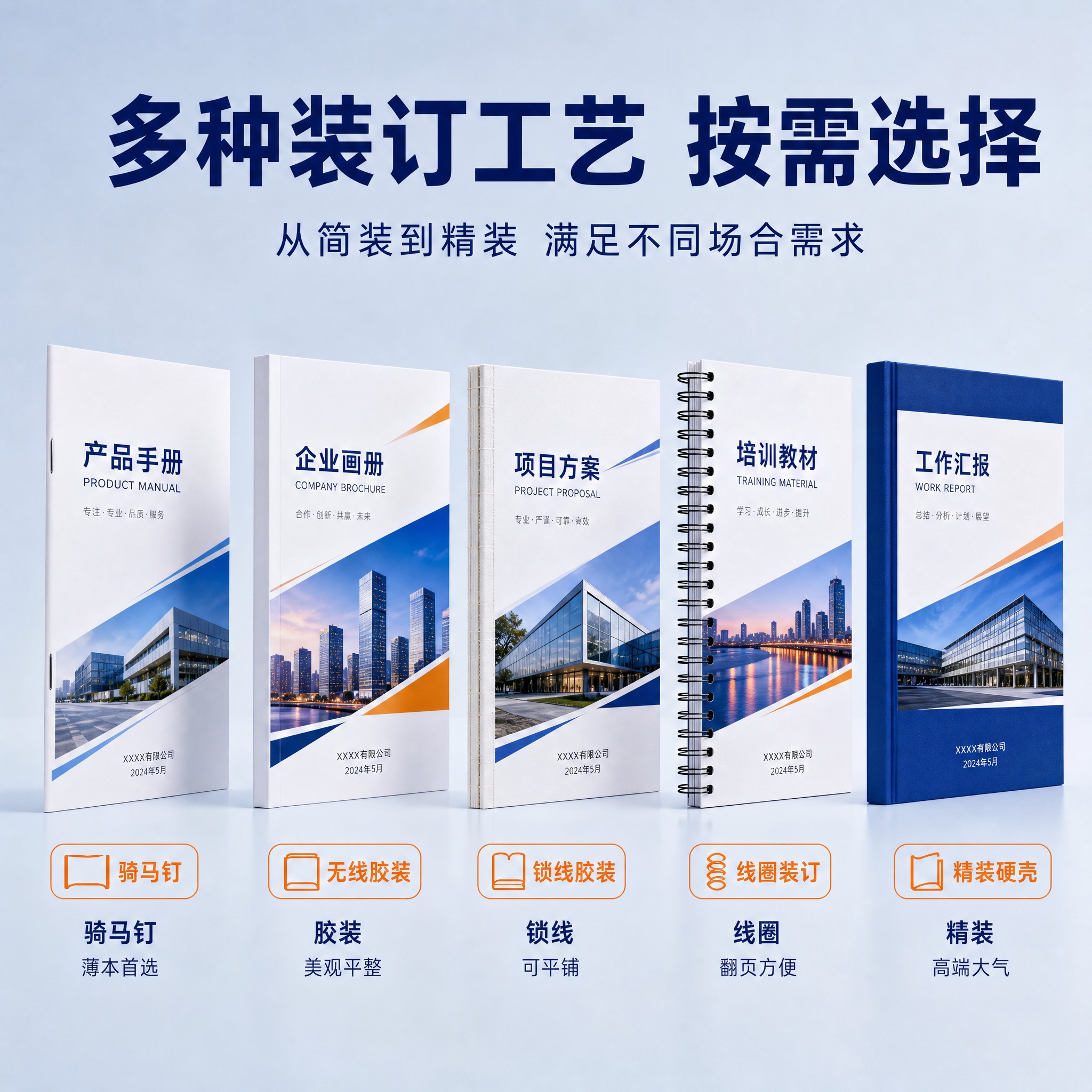 基于参考图的蓝橙配色和打印服务风格，生成一张装订工艺展示主图。… - 图片创意预览