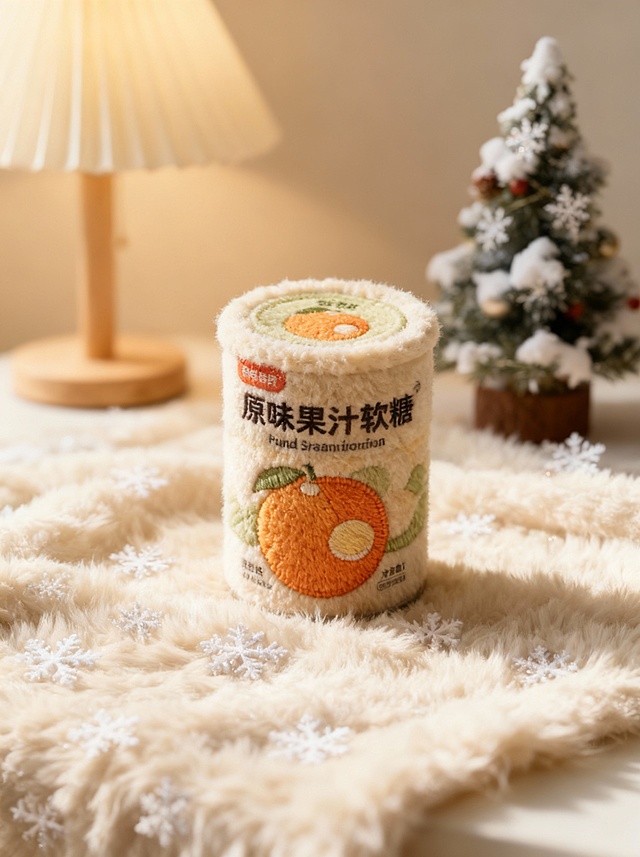 将图示商品变成毛绒绒质感，瓶身有精致刺绣文字与图案，还原商品颜色细节。放在米白色毛绒毯上（点缀雪花装饰），背景为台灯、积雪圣诞树摆件。