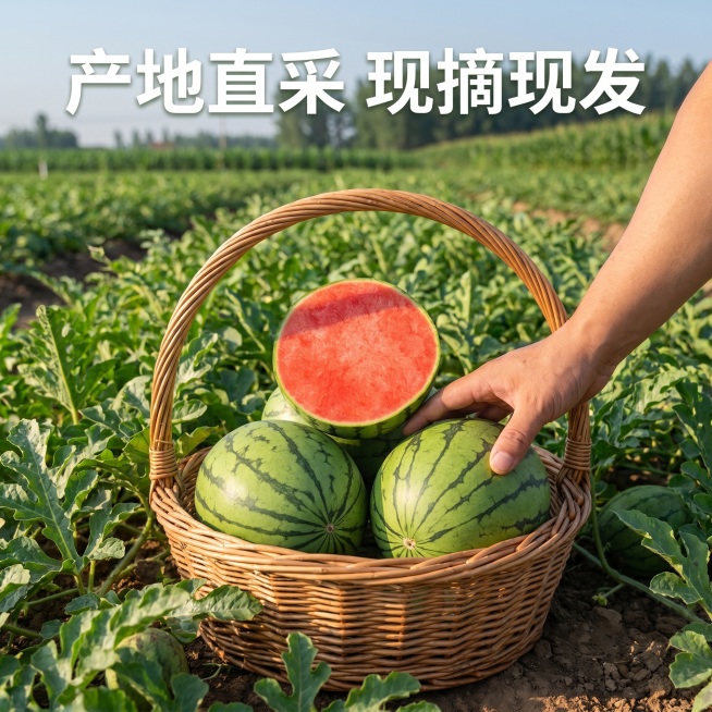 [主图-6] 小糖丸西瓜源产地果园展示，强调产地直采。[氛围风格] 原生态自然果园场景，真实新鲜。[画质] 户外自然摄影，高清通透，真实自然。[元素] 藤编篮里的小糖丸西瓜放在西瓜田的土地上，周围是生预览效果