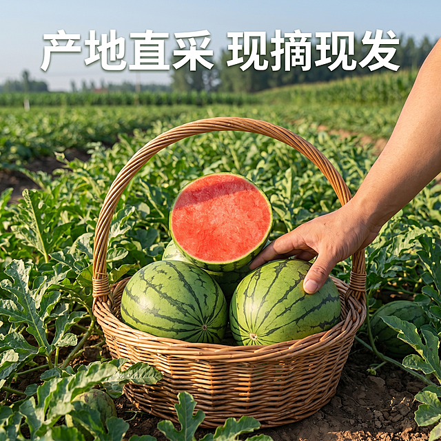 [主图-6] 小糖丸西瓜源产地果园展示，强调产地直采。[氛围风格] 原生态自然果园场景，真实新鲜。[画质] 户外自然摄影，高清通透，真实自然。[元素] 藤编篮里的小糖丸西瓜放在西瓜田的土地上，周围是生长着的西瓜藤和绿叶，西瓜保持外观颜色和输入图一致，背景是成片的西瓜田延伸，凸显产地直采新鲜。人物手放在西瓜上，展示刚采摘的状态。商品主体占比约65%，画面自然不拥挤。[光影] 上午柔和自然光，阴影柔和，突出新鲜采摘的活力感。[配色] 大片果绿色背景衬托西瓜红绿，清新自然。[文字版式] 上方大字"产地直采 现摘现发"，放在画面上方天空留白处，清晰自然。[比例分辨率] 1:1比例，2k分辨率。[负向提示词] 西瓜变形，文字遮挡主体，背景杂乱，过度滤镜。