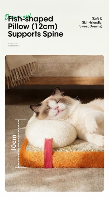 保留原图产品和猫咪，仅将图中所有中文字体替换为英文字体，保持原字体风格和排版位置不变。文案翻译：12cm 12cm鱼形护枕 呵护脊椎 Fish-shaped Pillow (12cm) Support预览效果