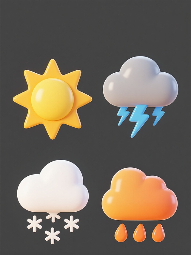 一组四个不同天气元素的图标集合，保持统一的卡通风格，采用圆润的造型和光滑的渐变表面，每个图标都有明亮的高光和柔和的阴影，背景为纯色，元素内容分别为：1. 黄色太阳带着放射状光芒 2. 灰色云朵下方有三道蓝色闪电 3. 白色云朵下方有六片飘落的雪花 4. 橙色云朵下方有三滴橙色雨滴，四个图标规整地排列在画面中，整体色彩明快活泼，每个元素都有清晰的轮廓和立体感