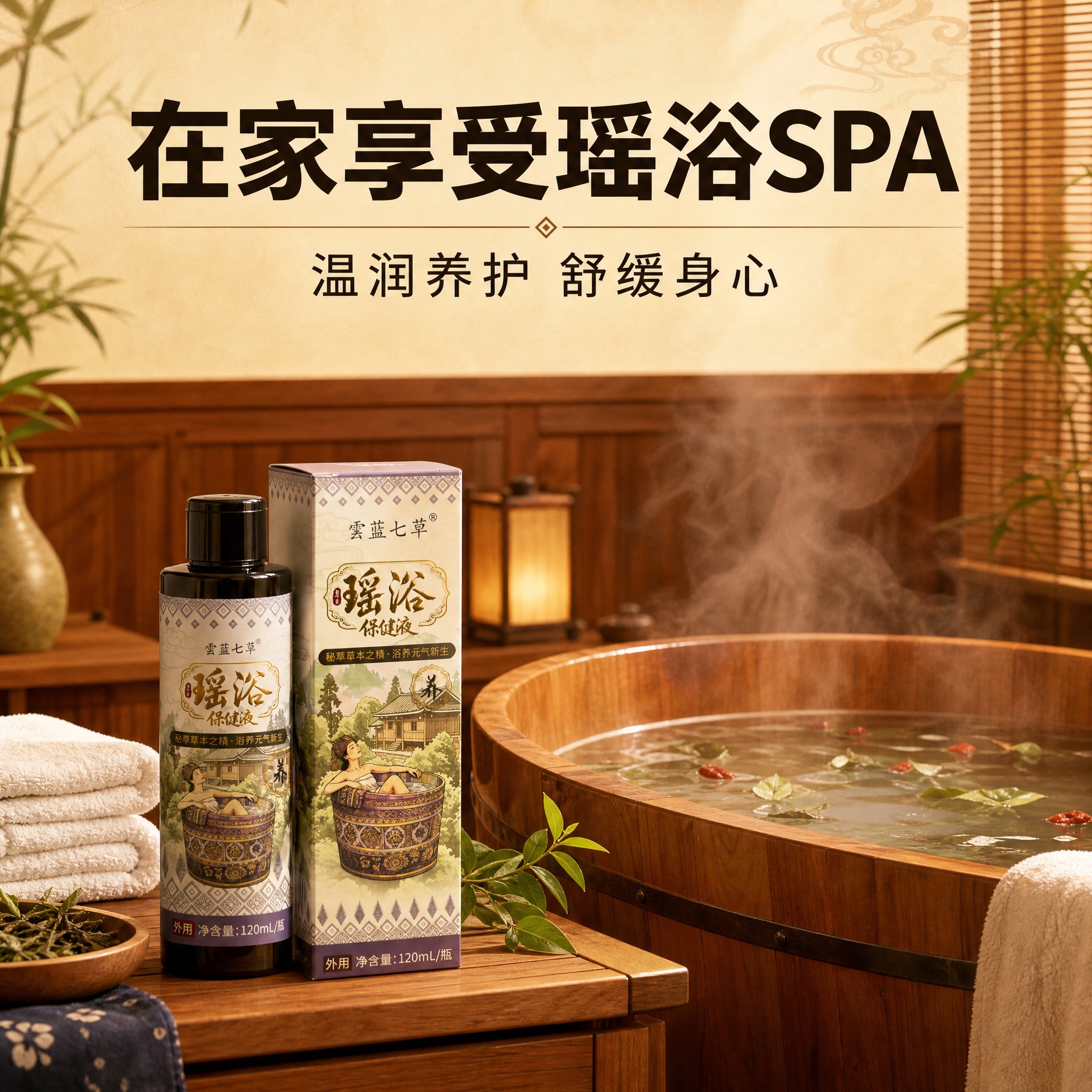 [主图-4] 使用场景图，展示瑶浴保健液居家沐浴使用场景，营造… - 图片创意预览