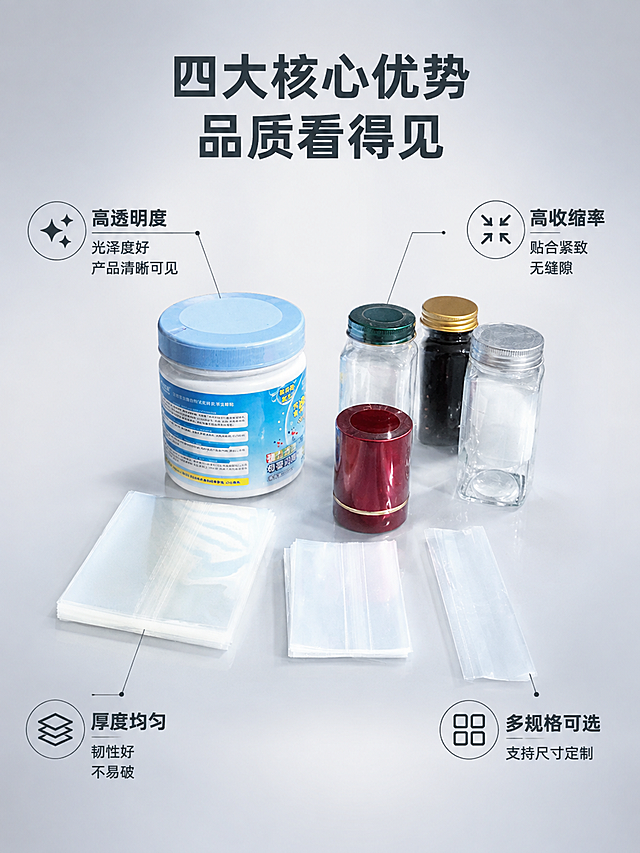 [第3张] 结构解析-热缩膜四大核心优势引线标注。本张使用【图1】作为商品主体。
[氛围/风格] 专业解析 结构清晰 工业品质感 商业摄影质感
[元素布局] 画面中央为热收缩膜套装产品组合陈列 不同规格的热缩袋与塑封瓶错落摆放 从产品不同部位引出细线连接到四周的优势说明 左上引线指向膜材表面 标注高透明度 右上引线指向塑封瓶口 标注高收缩率 左下引线指向膜材边缘 标注厚度均匀 右下引线指向整摞膜材 标注多规格可选 保持产品外观材质与输入图一致 精细化处理 商品主体占比约55% 背景为浅灰色渐变 干净简洁
[光影质感] 正面柔光照明 侧逆光勾勒透明膜边缘高光 材质通透 细节清晰 阴影柔和
[配色色系] 全局底色 #F0F2F5 浅灰渐变 主色透明膜材清透蓝白 辅助色深灰文字 细线为深灰色
[视角构图] 平视微俯角度 产品居中 四周引线标注 阅读动线中央产品 → 四周优势说明
[文字版式] 顶部标题"四大核心优势 品质看得见" 四周引线标注分别为 左上"高透明度 光泽度好 产品清晰可见" 右上"高收缩率 贴合紧致 无缝隙" 左下"厚度均匀 韧性好 不易破" 右下"多规格可选 支持尺寸定制" 每个配小图标 文字清晰 不遮挡产品
[比例分辨率] 3:4 竖版比例 4K 分辨率 文字清晰可辨 高清画质
[负向提示词] 变形 水印 文字错乱 文字过小 缺件错件 结构错误 颜色偏差 产品图模糊 背景杂乱