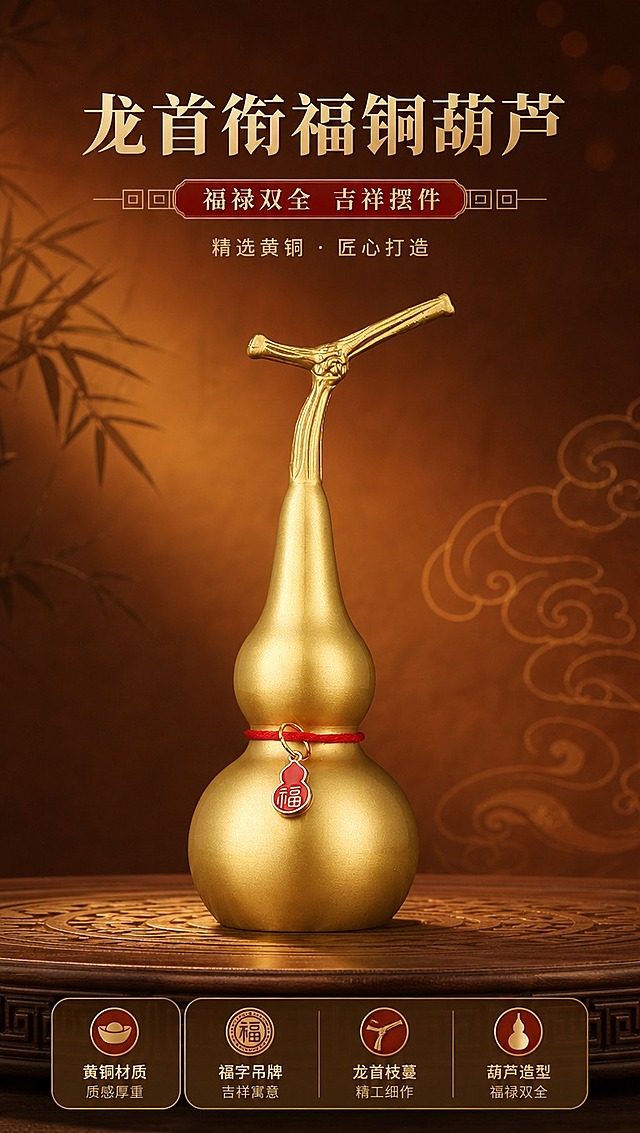 [商品] 使用【图1】龙首衔福铜葫芦；保留整体葫芦造型、龙首枝蔓顶盖、红绳福字吊牌、哑光金色黄铜材质、上下双肚比例结构；增强金属质感与光泽，去除画面杂点。
[画面] 页面目标：氛围头图，展现东方禅意美学与产品全貌；构图居中对称，产品占画面60%，正面微仰视角度，景别为中景；阅读动线从上至下，前景木质台面、中景铜葫芦主体、后景暖棕色渐变背景配柔和光斑；左侧点缀淡雅竹叶剪影，右侧配中式云纹装饰，营造新中式国风氛围。
[视觉] 套系策略：风格=新中式国风高级商业静物摄影；标题字=宋体粗体（思源宋体 Heavy）；正文字=现代无衬线中黑体（思源黑体）；主色=暖金棕；背景延展=基于暖金棕做深浅渐变、同色系晕染和细腻宣纸/木纹质感；强调色=中国红，仅用于小面积图标、引线、福牌和标签；标题色=深棕金；正文色=暖深灰；组件=圆角金边信息卡、细线引线、中式回纹装饰条；光影=左前侧45度暖柔光，右侧补光，底部柔和投影。
[文字] 上方居中主标题「龙首衔福铜葫芦」，副标题「福禄双全 吉祥摆件」，下方配一行短说明「精选黄铜 · 匠心打造」，文字区不遮挡葫芦主体与龙首细节。
[规格] 图片比例9:16竖版，4K分辨率，京东平台适配；避免变形、错字、文字过小、冷蓝/冷灰背景、材质变色、结构失真、极限词。