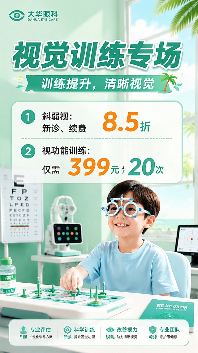 大华眼科视觉训练优惠专场海报，主标题大字：视觉训练专场，副标题：训练提升，清晰视觉，列出优惠：1. 斜弱视：新诊、续费"8.5"折 2. 视功能训练：仅需"399"元"20"次，整体主色更换为芬兰绿，增加色彩层次感，小孩穿着浅蓝色夏季短袖，保留原有的视训仪器和视力表元素，夏日氛围，专业清晰，移除二维码占位，写实商业摄影，版式精美，画面中所有数字必须精确渲染，不得错位、遗漏或编造，比例 9:16，宽度 1080，高度 1920，分辨率 4k