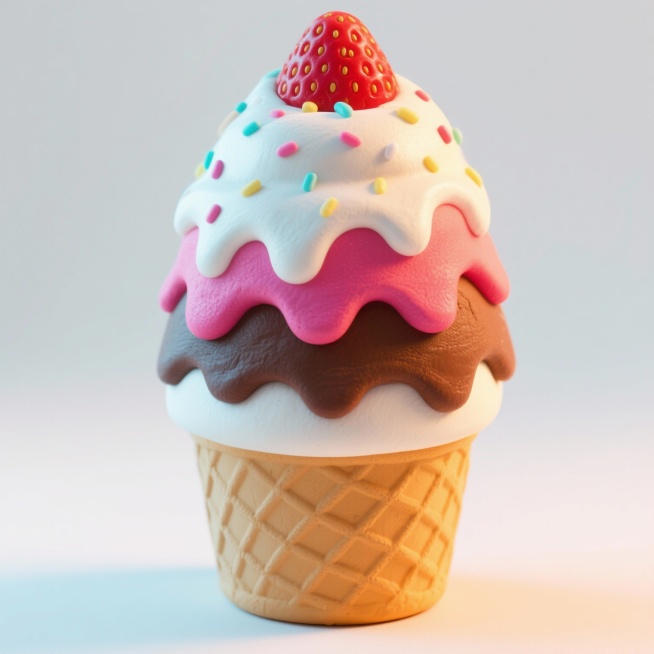 彩泥冰淇淋，奶油形状，一层白色，一层巧克力，草莓装饰，糖霜装饰，png格式，白光拍照预览效果